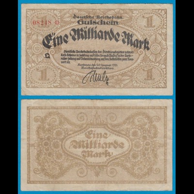 Reichsbahn Karlsruhe - 1 Milliarde Mark Banknote 1923 VF (19186