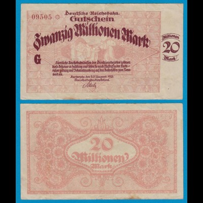Reichsbahn Karlsruhe - 20 Millionen Mark Banknote 1923 VF (19188