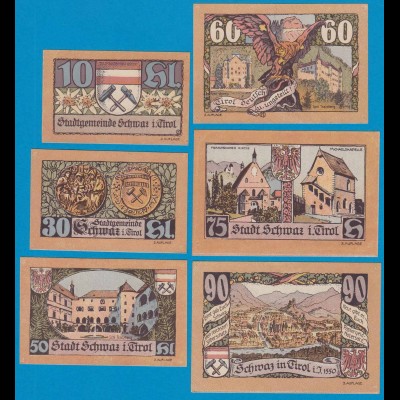 3. Aufl. 6 Stück Österreich - Austria Stadt Schwaz Tirol 10-90 Heller 1921