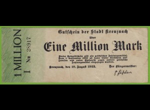 Kreuznach - 1-Million Mark 1923 Serie I Nr. 5-stellig kl.Pägestempel F/VF