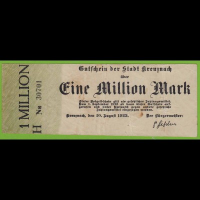 Kreuznach - 1-Million Mark 1923 Serie H Nr. 5-stellig kl.Pägestempel F/VF