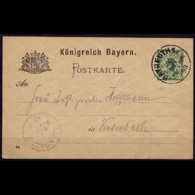 Bayreuth-Kulmbach Bayern 1898 Karte Distributions/Briefträgerstempel B5 (b784