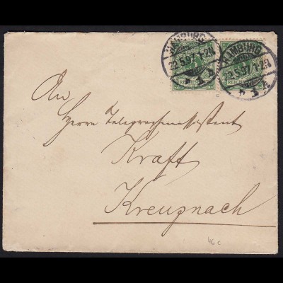 DR 2 x 5 Pfennig 1897 Brief Hamburg nach Kreuznach (20059