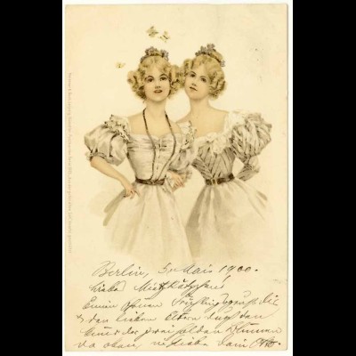 AK Jugendstil Frauen Mädchen Mode Zwillinge Fantasie 1900 (2936