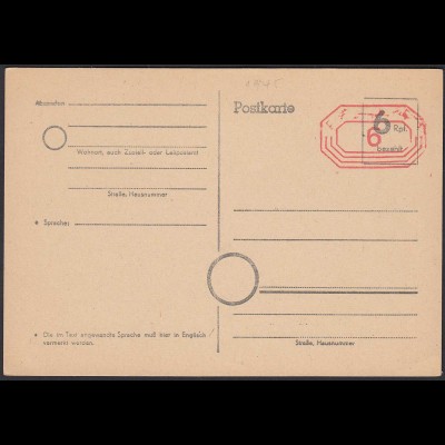 Behelfspostkarte 6 Rpg. und 6 Freistempel 1945 ungebraucht Westzonen (20225