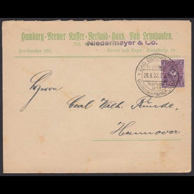 Bad Oeynhausen 1922 Brief v. Kaffee Versand n.Hannover SST Infla (20242