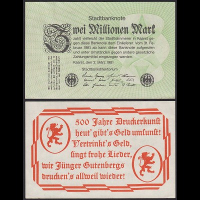 Kaarst - 2 Millionen Mark Stadtbanknote 1981 Stadtbankdirektorium :-) XF