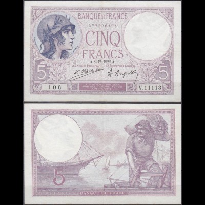 Frankreich - France - 5 Francs Banknote 8-12-1922 A Pick 72c XF/aUNC RAR (11791
