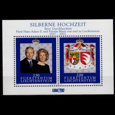 Liechtenstein 25 Hochzeitstag 1992 Mi Block 14 ** unter Postpreis (c051