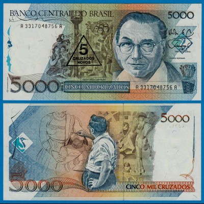 Brasilien - Brazil 5 Cruzados Novo Banknote Überdruck 1989 Pick 217a UNC 