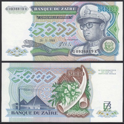 Zaire - 5000 5.000 Zaires Banknote 1988 Pick 37b UNC (21402