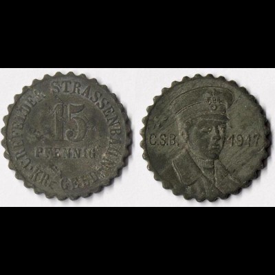 Germany 15 Pfennig CREFELD TRAM MONEY Notgeld Coin WW1 1917 Zinc (r992