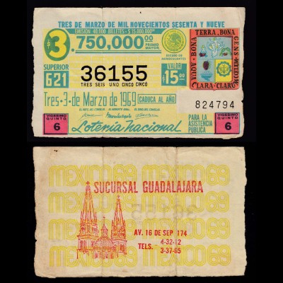 Guadalajara Mexico Tres 3.de Marzo de 1969 Lotterie Los 15 Pesos (16453