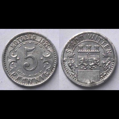 5 Pfennig Notgeld Münze Witten 1920 Alu (21950