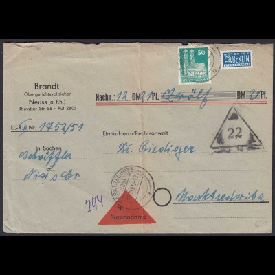 Alliierte Bes. Bauten 50 Pfg. Einzelfrankatur 1951 NN-Brief (22137