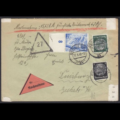 3.Reich 1940 Nachnahme Brief Berlin nach Duisburg Mi. 767, 512 + 516 (22173