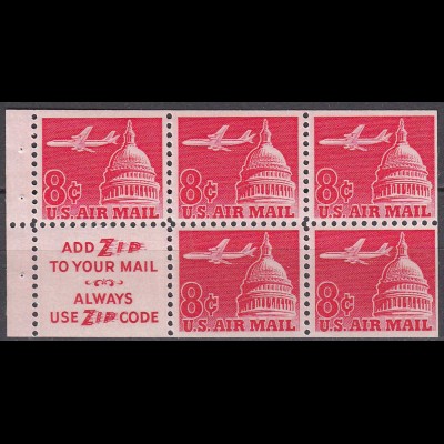 USA postfrisches HBL Heftchenblatt 36x mit Mi.836x DC-8 ü.Kapitol 1962