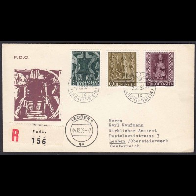 Liechtenstein 2.7.1959 R-FDC nach Leoben Mi.386-88 Weihnachten (22706