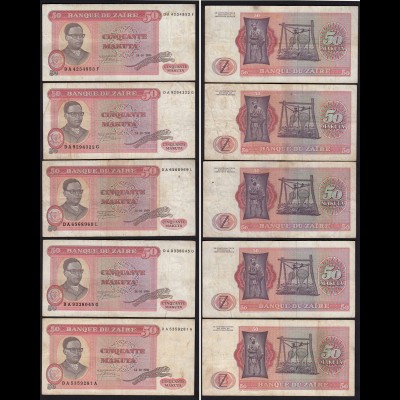 Zaire - 5 Stück 50 Makuta Banknoten 1980 Pick 17 F (4) (22848