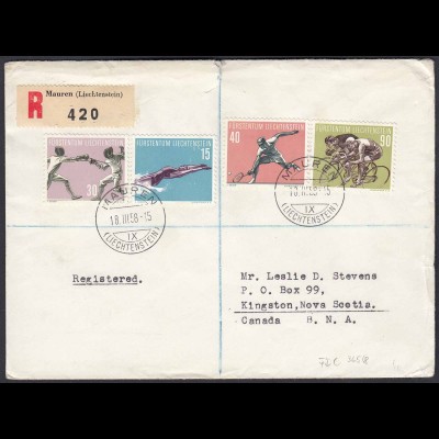 Liechtenstein 18.3.1958 R-FDC nach Kanada Mi.365-68 Sport CW 50 € (22727