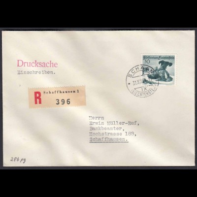 Liechtenstein 1951 R-Brief Drucksache Einzelfrankatur Mi.286 Birkhuhn (22747