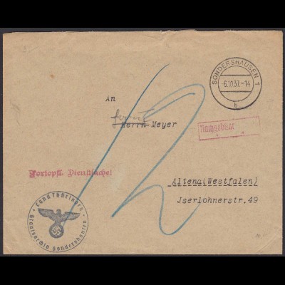 1937 3.Reich Staatsarchiv Thüringen Sondershausen Brief Nachgebühr (20586