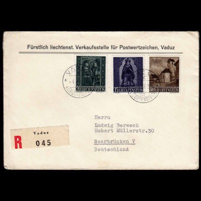 Liechtenstein R-Brief Vaduz - Saarbrücken Mi.374-6 von 1958 (22925
