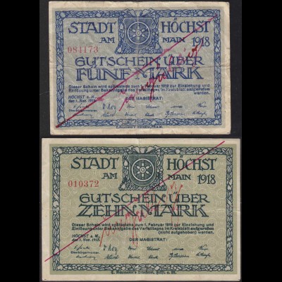 Höchst 5 + 10 Mark Gutschein 1918 Notgeld F (4) entwertet (13819