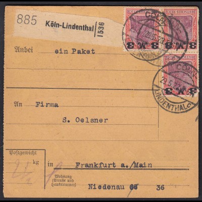 Deutsches Reich 1922 Paketkarte Coeln-Lindenthal Mef. 3x Mi.155 Germania Infla