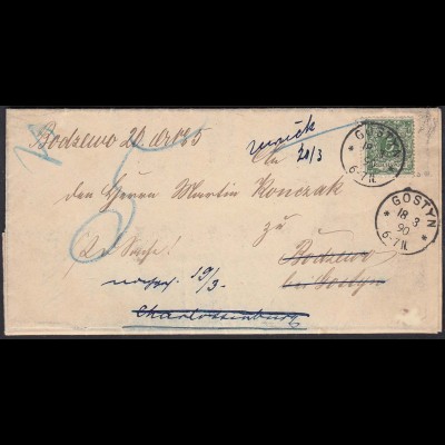 DR 1890 GOSTYN POSEN Brief nach BODZEWO Retour mit Inhalt (23017