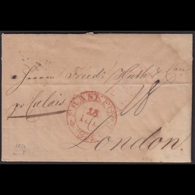 Thurn und Taxis 1824 Brief Frankfurt K2 rot via Calais n.London Inhalt (16002