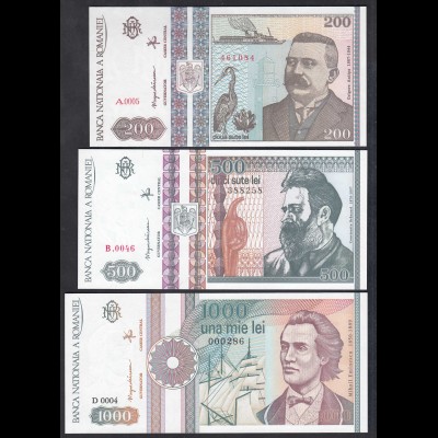 Rumänien - Romania 200,500,1000 Lei Banknoten 1991/92 UNC (23215