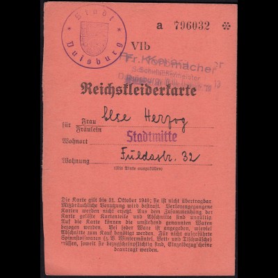 Reichskleiderkarte 3.Reich 1940 Stadt Duisburg (23048