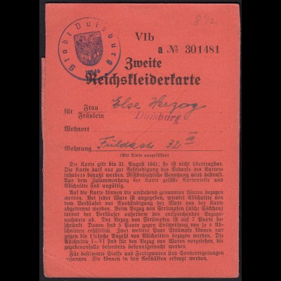 2. Reichskleiderkarte 3.Reich 1940 Stadt Duisburg (23047