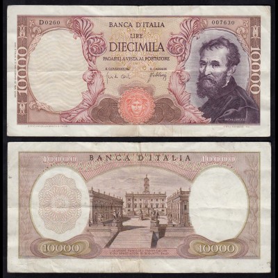 Italien - Italy 10000 10.000 Lire Banknote Michelangelo 1966 ca. VF (3) Pick 97c