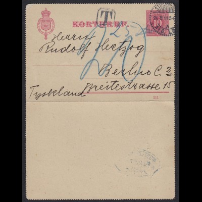 Schweden - Sweden 1911 KORTBREV m.Nach-Taxe Stockholm-Berlin (17613