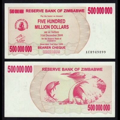 Simbabwe - Zimbabwe 500 Millionen Dollars 2008 Pick 60 UNC (17901