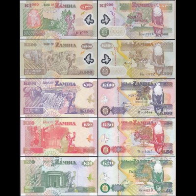 Sambia - Zambia 20 - 1000 Kwache 5 Stück Banknoten UNC (1) (12968