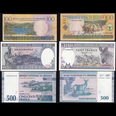 RUANDA - RWANDA 100,100,500 Francs Banknoten 1989,1994,2003 UNC (1)