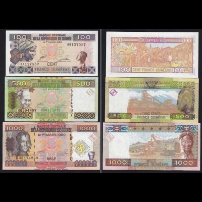 Guinea - Guinee 100, 500 + 1000 Francs 1998/2010 UNC (15301