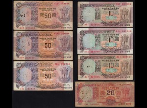 INDIEN - INDIA - 7 Stück á 10, 20, 50 Rupees Banknotes (23426