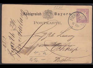 BAYERN 1882 5 Pfennig Ganzsache Fürth nach Ochtrup (23432
