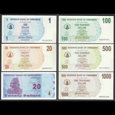 SIMBABWE - ZIMBABWE 1,20,20,100,500,1000 Dollars 2007/09 UNC (23474