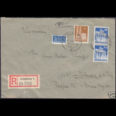 Bedarfs-R-Brief Augsburg nach Biberach 1949 Bauten (4312