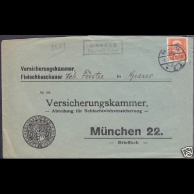 Brief Posthilfstelle, Landpost Gesees über Bayreuth Land (4321