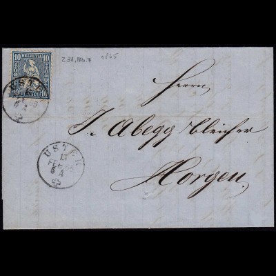 Schweiz 1865 schöner Brief v. USTER - HORGEN Sitzende Helvetia (23673