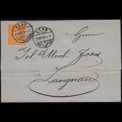 Schweiz 1873 schöner Umschlag v. BERN - LANGNAU Sitzende Helvetia (23685