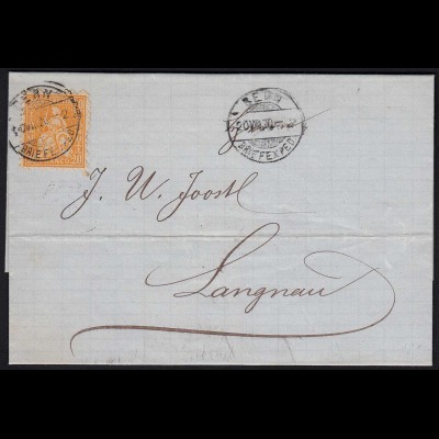 Schweiz 1870 Umschlag BERN nach LANGENAU 20 R. Sitzende Helvetia (23687