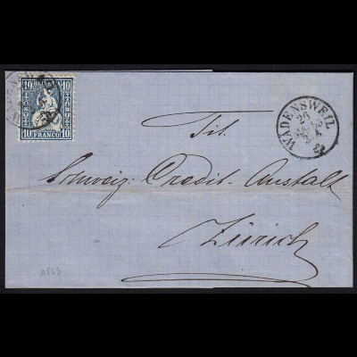 Schweiz 1863 Umschlag WÄDENSWEIL - ZÜRICH 10 R.Sitzende Helvetia (23691