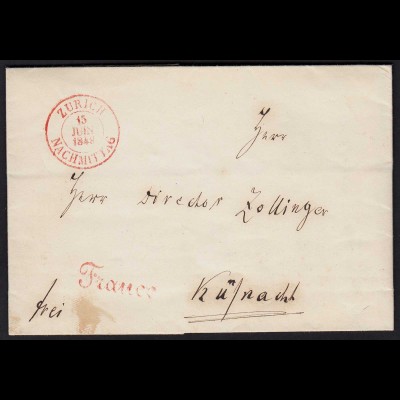 Schweiz 1849 Brief Zürich R2 rot + Franco rot nach Küsnacht (23708